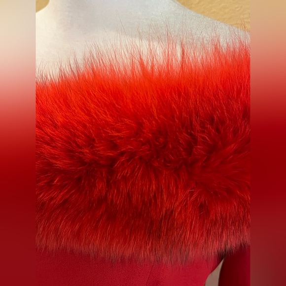 Vintage off-shoulder cocktail dress w/ fur trim. Fitted, lined, midi. Red. 10 - Picture 5 of 16